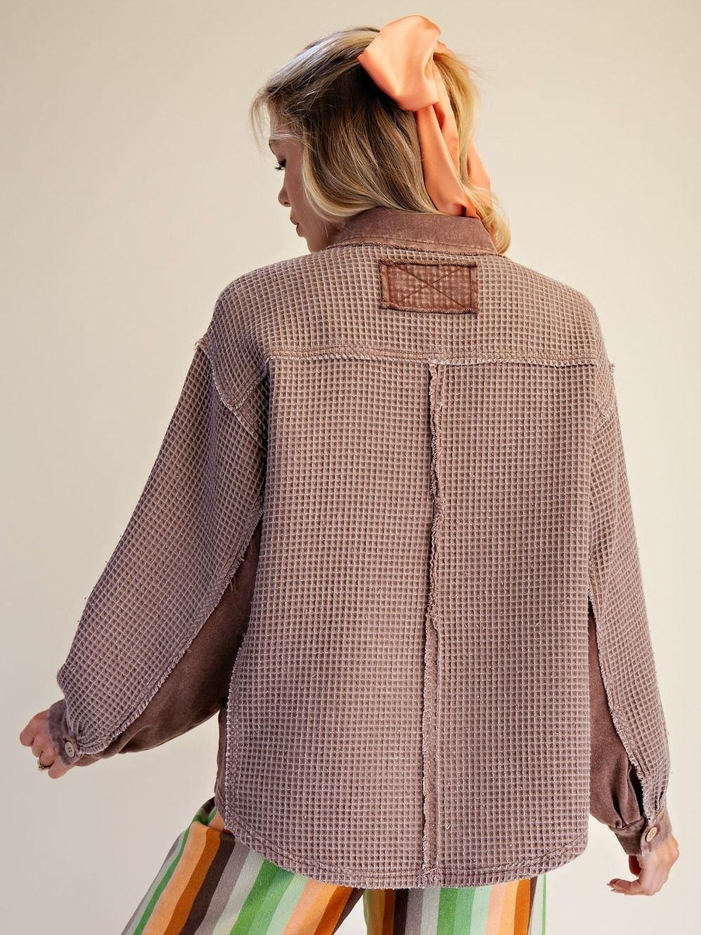 Top Pullover Mineral Washed Mauve Textured Waffle Knit Long Sleeve Women's&nbsp; ET72049