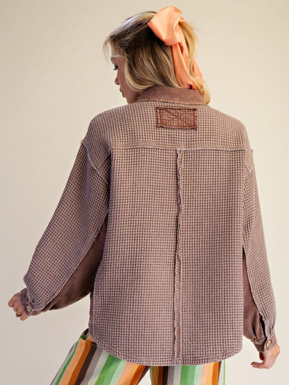 Top Pullover Mineral Washed Mauve Textured Waffle Knit Long Sleeve Women's&nbsp; ET72049