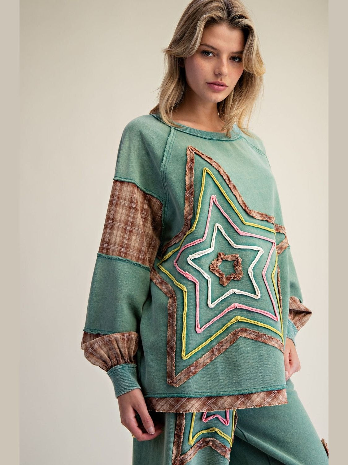 Top Pullover Pine Green Long Sleeve Star Patchwork&nbsp; &nbsp;Women's&nbsp; ET72052