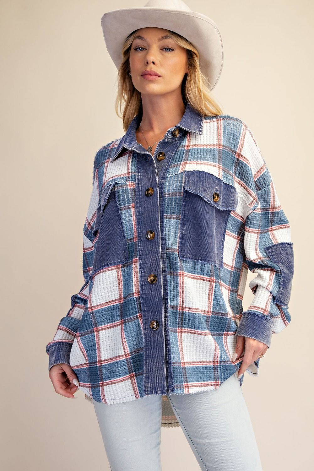Easel-Jacket Shacket White/Blue Denim Courduroy&nbsp;Women's&nbsp; ET72070