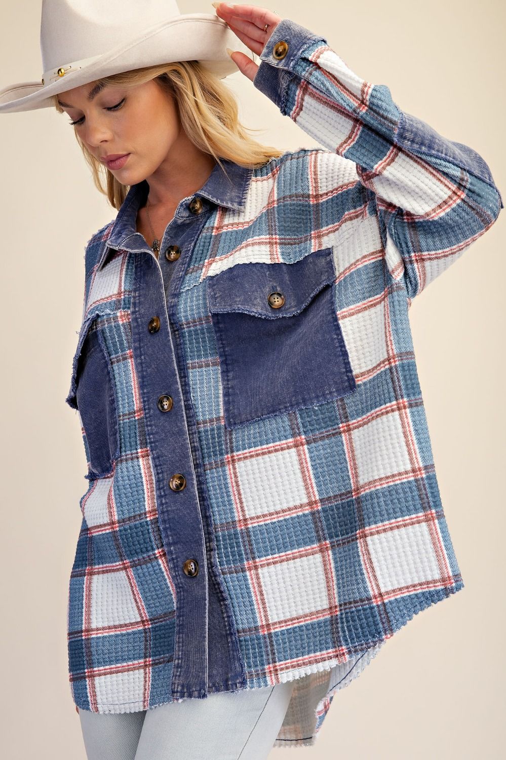 Easel-Jacket Shacket White/Blue Denim Courduroy&nbsp;Women's&nbsp; ET72070