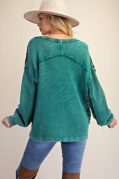 Top Pullover Pine Green Plaid Knit 2 Pocket Long Sleeve Women's&nbsp; ET72110
