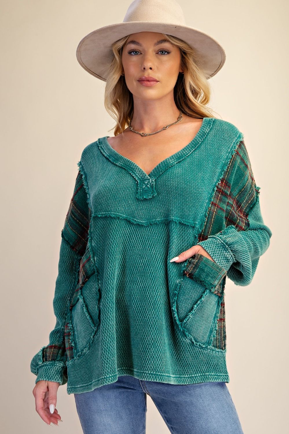 Top Pullover Pine Green Plaid Knit 2 Pocket Long Sleeve Women's&nbsp; ET72110