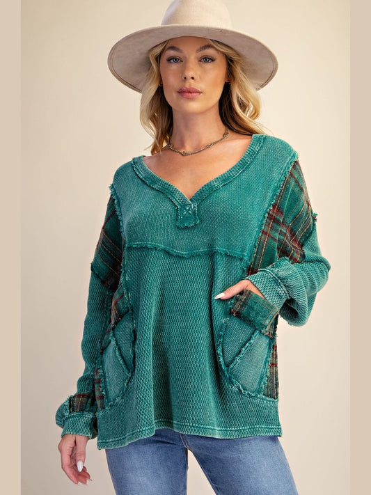 Top Pullover Pine Green Plaid Knit 2 Pocket Long Sleeve Women's&nbsp; ET72110