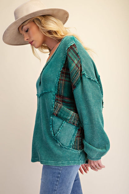 Top Pullover Pine Green Plaid Knit 2 Pocket Long Sleeve Women's&nbsp; ET72110