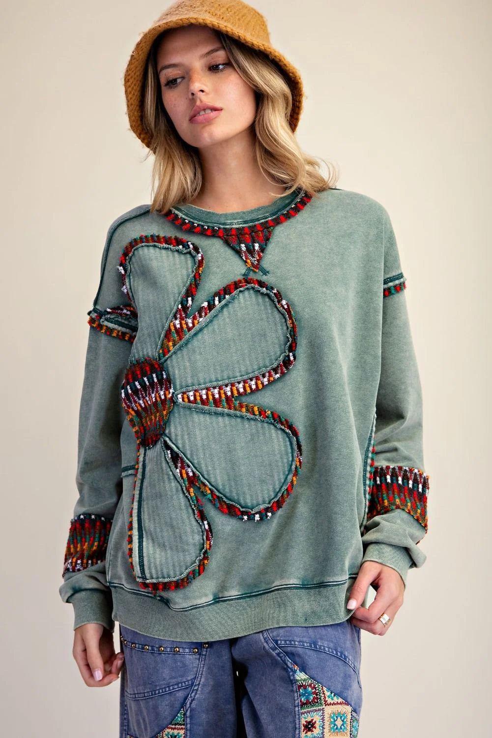 Top Pullover Terry Oversized Mineral Washed Pine Green Women's  ET72154PG