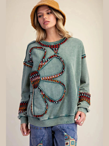 Top Pullover Terry Oversized Mineral Washed Pine Green Women's  ET72154PG