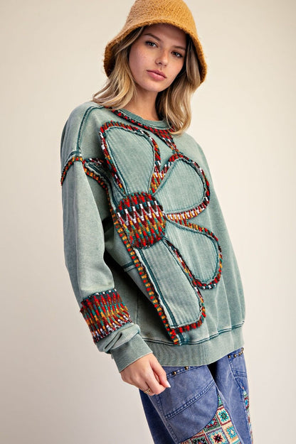 Top Pullover Terry Oversized Mineral Washed Pine Green Women's  ET72154PG