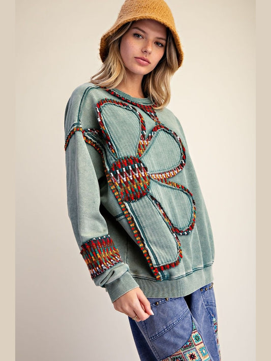 Top Pullover Terry Oversized Mineral Washed Pine Green Women's  ET72154PG