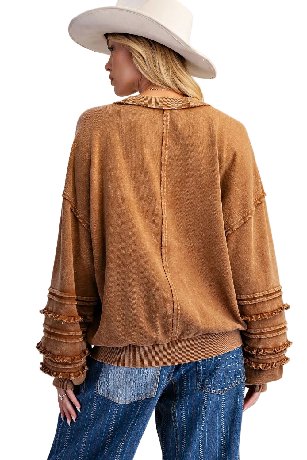 Top Pullover Mineral Washed Ruffle Golden Brown Women's&nbsp; ET72155