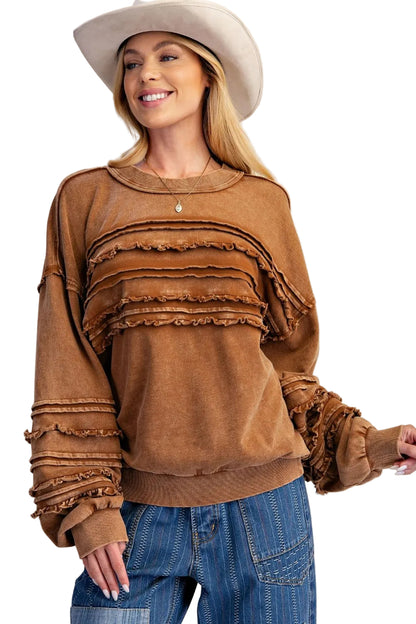 Top Pullover Mineral Washed Ruffle Golden Brown Women's&nbsp; ET72155