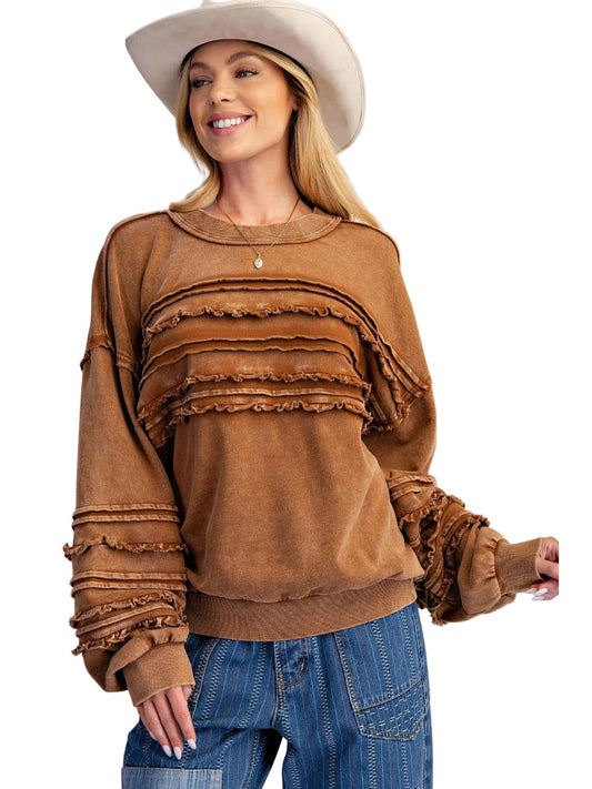 Top Pullover Mineral Washed Ruffle Golden Brown Women's&nbsp; ET72155