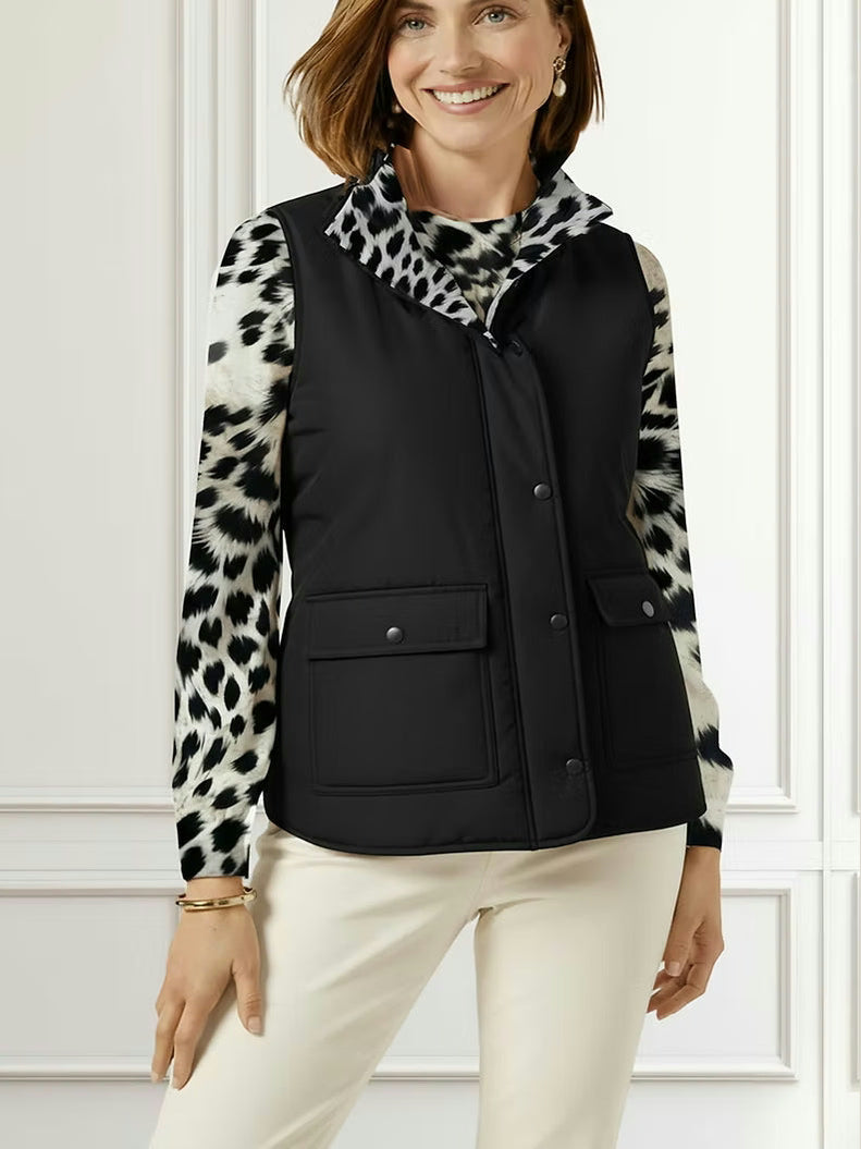Quilted Puffer Vest Blk/Wht Leopard Print -Black Reversible&nbsp; Zipper Front 4 Pocket 51191-20