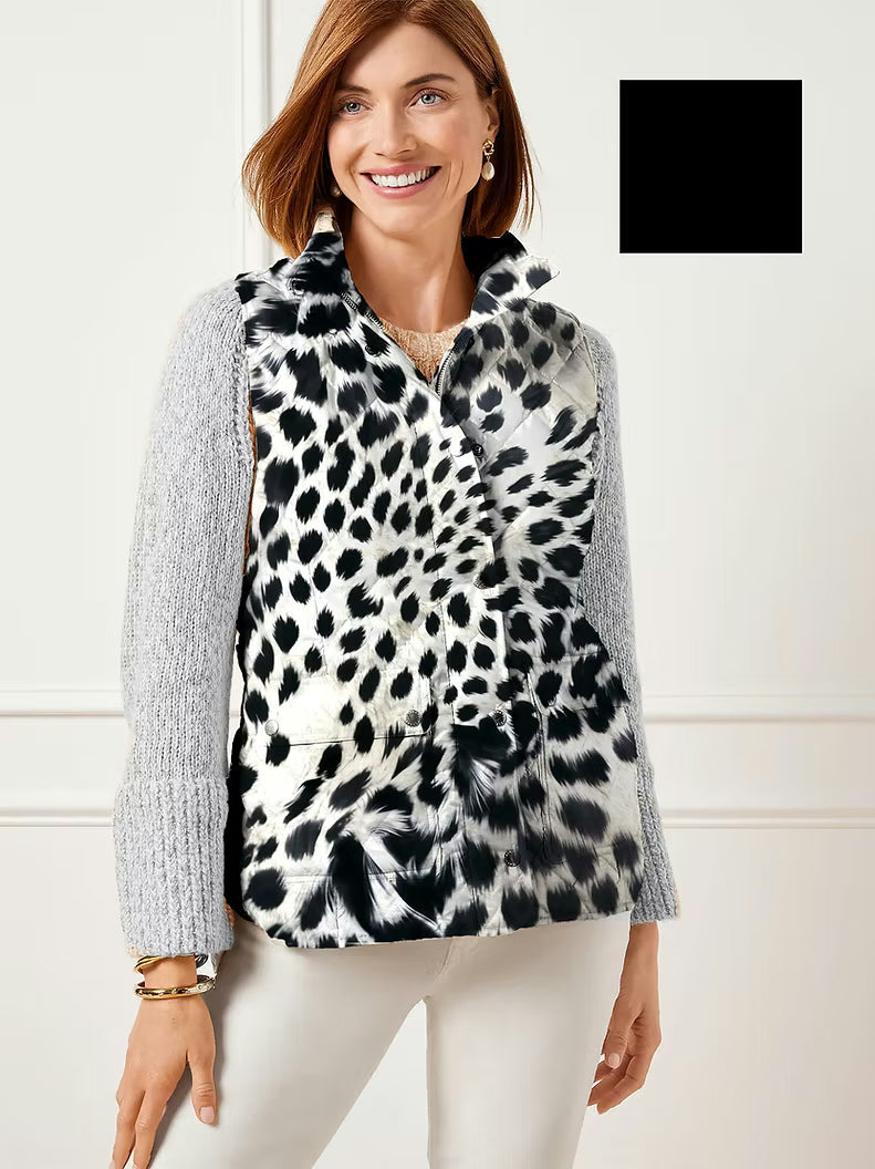 Quilted Puffer Vest Blk/Wht Leopard Print -Black Reversible&nbsp; Zipper Front 4 Pocket 51191-20