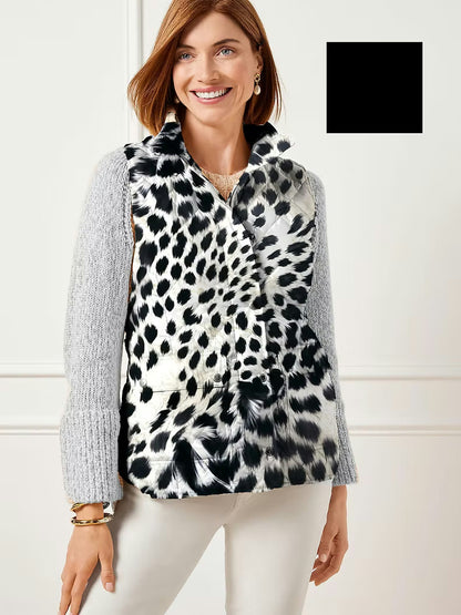 Quilted Puffer Vest Blk/Wht Leopard Print -Black Reversible&nbsp; Zipper Front 4 Pocket 51191-20