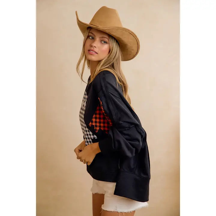 Sweatshirt Black/Orange Plaid Ghost Halloween Oversized Women'sIT3426H-62