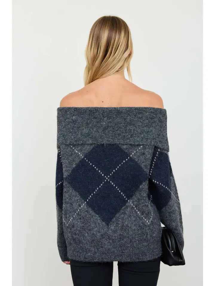 Blu Pepper-Sweater Pullover Oversized Charcoal/Black Argyle Wide Fold&nbsp; Women's TWS1322CC