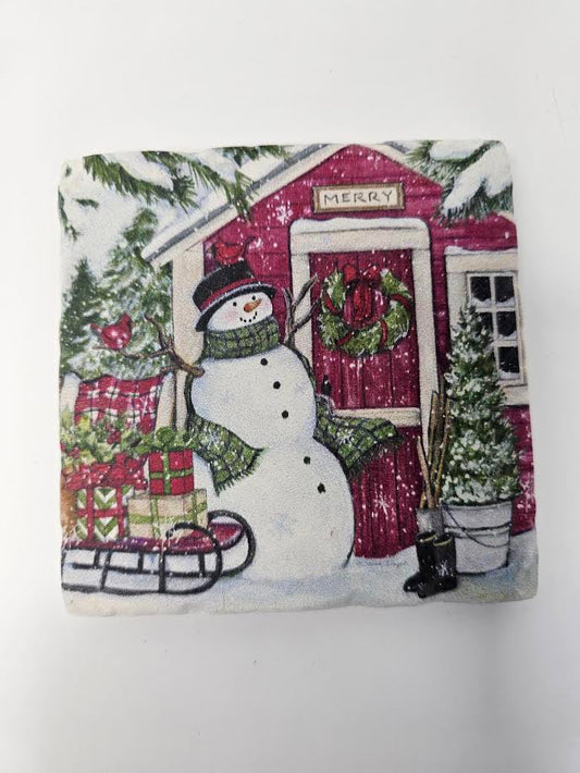 Snowmans Farm House coaster collection with cork backing of 4 styles 