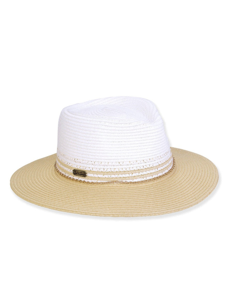 Hat Beige/White Paper Braid Safari With Flat Top Adjustable 2.75" Brim Women's-Hh3310A