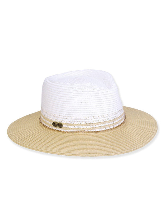 Hat Beige/White Paper Braid Safari With Flat Top Adjustable 2.75" Brim Women's-Hh3310A