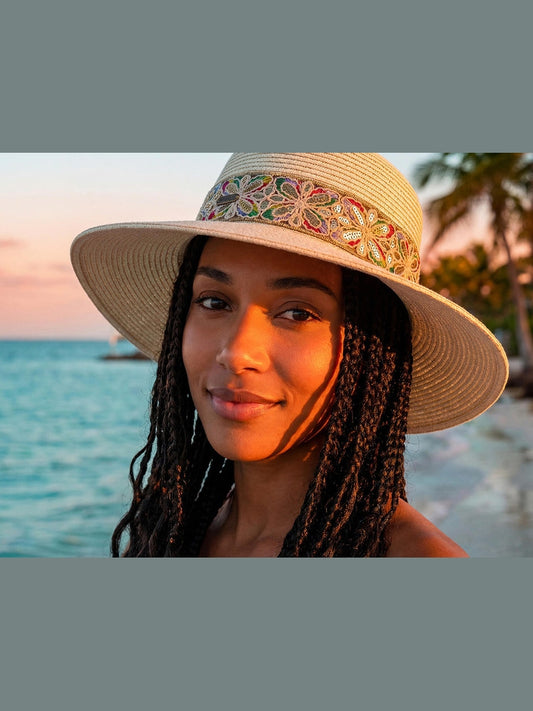 Woman wearing a sun hat on a beach with palm trees and ocean in the background