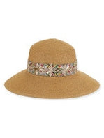 Brown sun hat with a decorative band on a white background