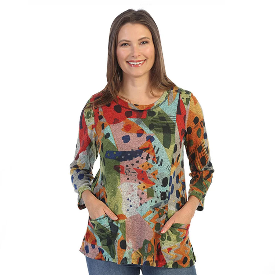 Jess & Jane B1-1512  Tunic Multi Color 1 Pocket Pop Art Women's Top 