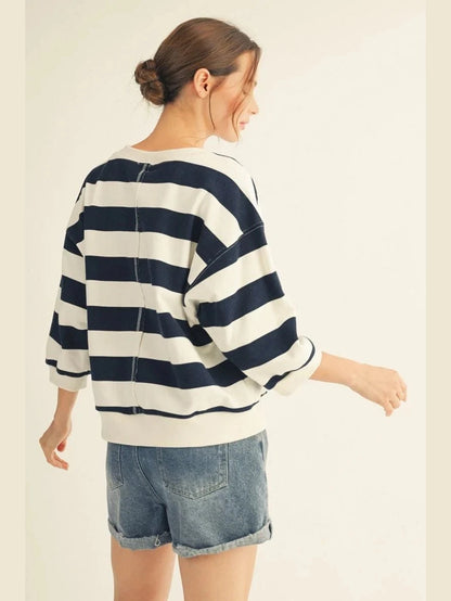 Top Pullover Navy/White Striped 3/4 Sleeve B13511n
