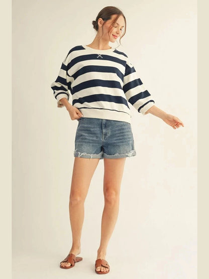 Top Pullover Navy/White Striped 3/4 Sleeve B13511n
