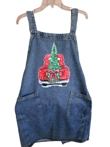  Apron&nbsp; Christmas Tree/Red Truck Denim 2 Pocket Adult RTDACDH