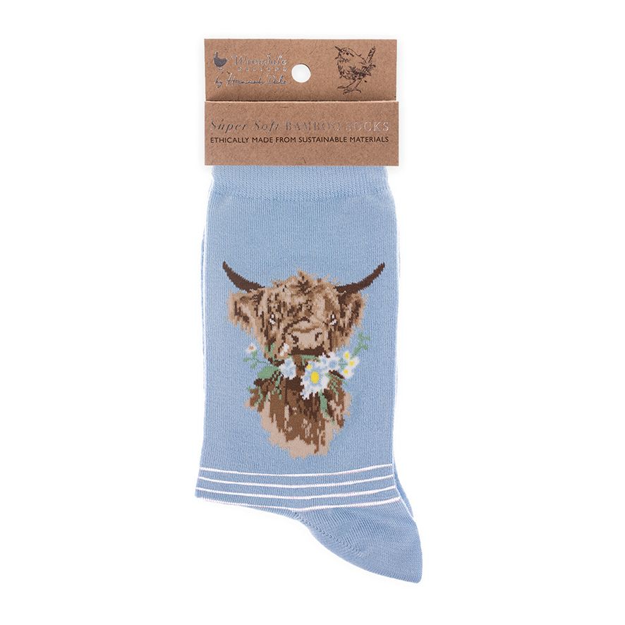 Women's Bamboo Socks - SOCK002 - Daisy Highland Cow - Blue 