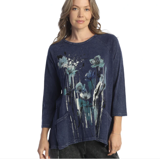 Jess & Jane M12Den-Denim Flower Print-2Pocket-Women's Top 