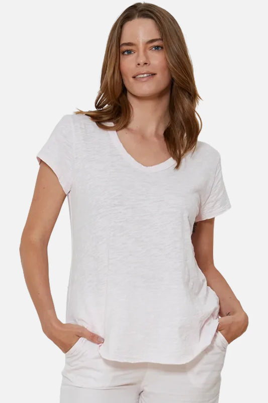 Tee Shirt White V-Neck&nbsp; Curved Hem Short Sleeve 41g-95743