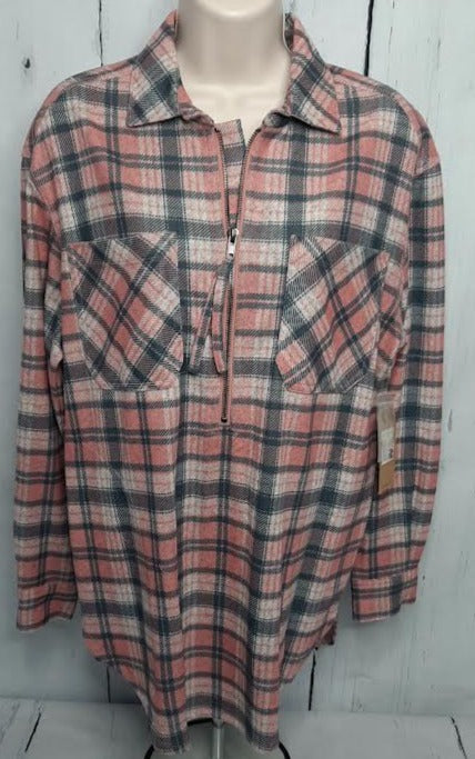 Top-Plaid/Pink-Pullover-2Pocket-Women's-T14304tm 