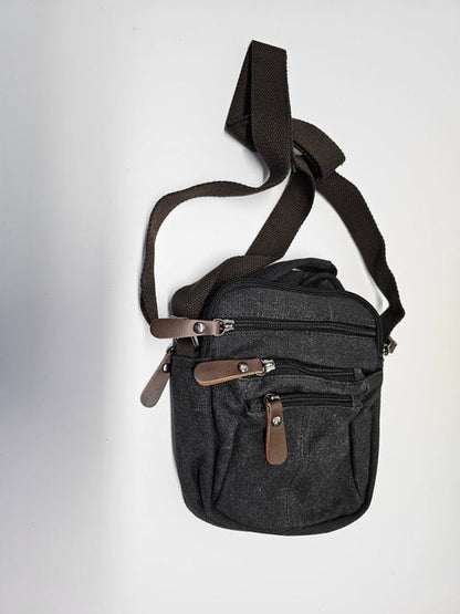 Canvas & Leather Shoulder Bag - Grey/ Blue/ Green/ Brown/ Camel 