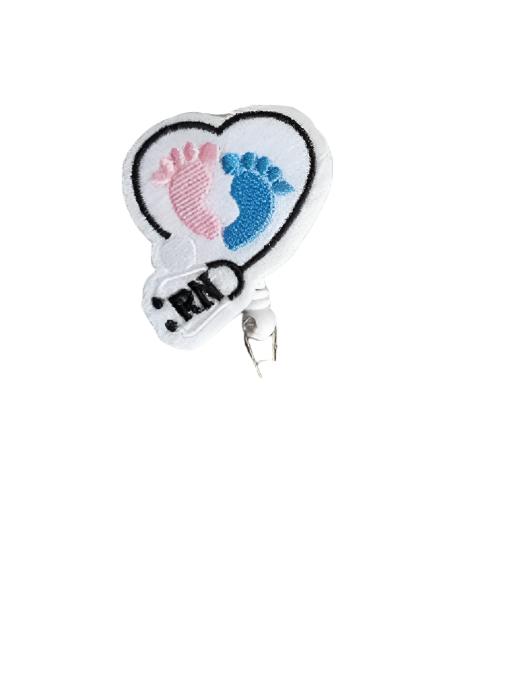 Badge holder - Retractable -White Rn with Baby Feet 