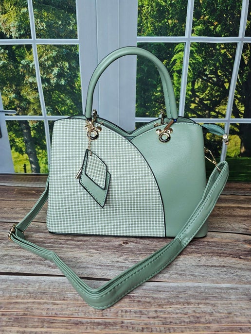 Two Tone Checkered/Solid Green Mint Handbag Pocketbook 