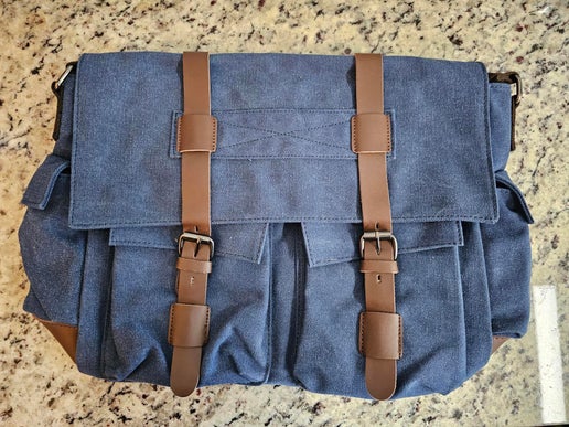 Shoulder Messenger Bag - Canvas & Leather - Blue 