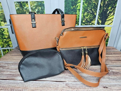Handbag, Crossbody Bag & Makeup Bag Set - Tan & Black 