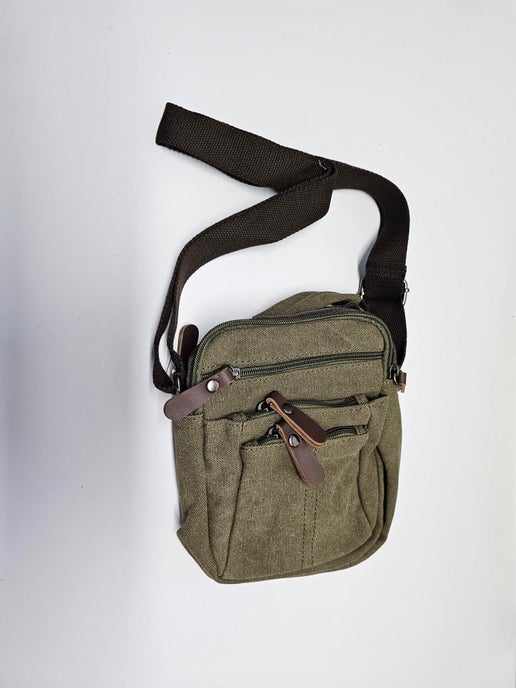 Canvas & Leather Shoulder Bag - Grey/ Blue/ Green/ Brown/ Camel 