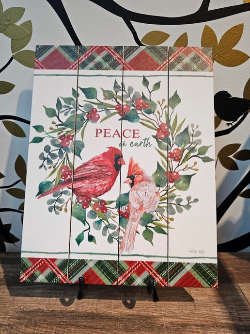 Peace On Earth-Christmas Red Cardinal-Wooden Picture-11.75" x 9.25" 