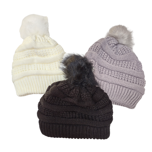 Hat Children's Beanie with Pom Pom Fleece lined White Black or Grey 