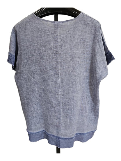 Top Pullover Ruffle Denim Blue1/4 Sleeve Women's One Size 1328