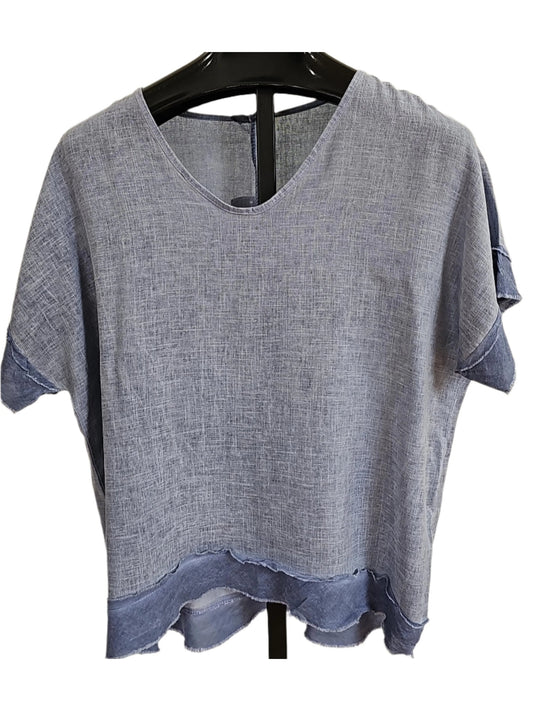 Top Pullover Ruffle Denim Blue1/4 Sleeve Women's One Size 1328