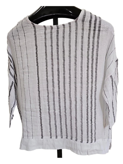 Top Pullover Island Breeze White/Black Stripe Linen 1/2 Sleeve Women's One Size 13983