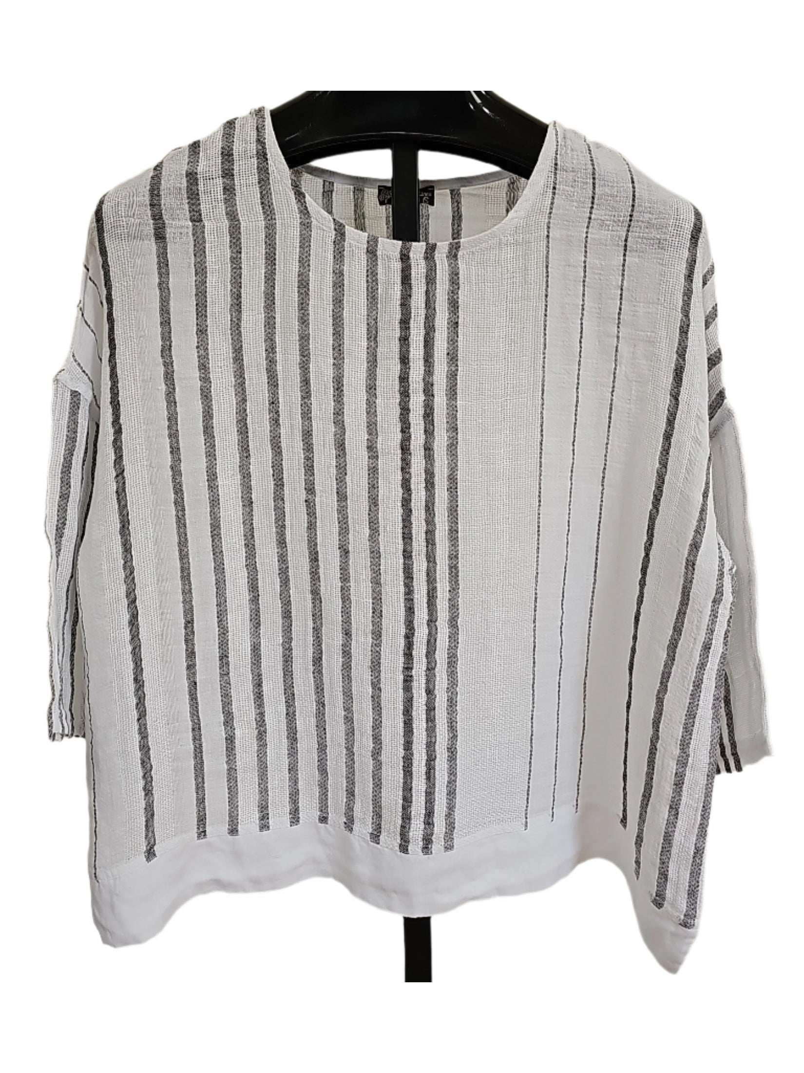 Top Pullover Island Breeze White/Black Stripe Linen 1/2 Sleeve Women's One Size 13983