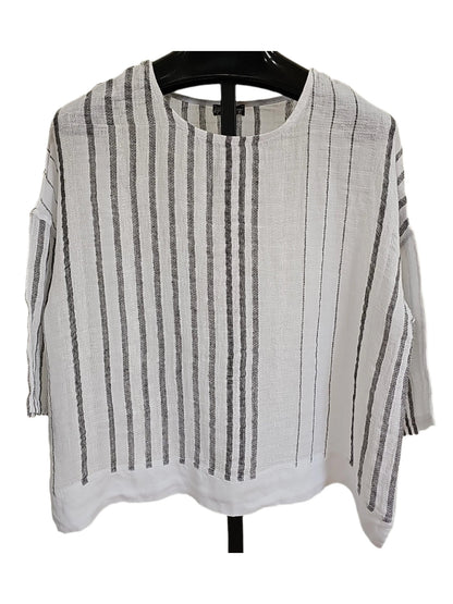 Top Pullover Island Breeze White/Black Stripe Linen 1/2 Sleeve Women's One Size 13983
