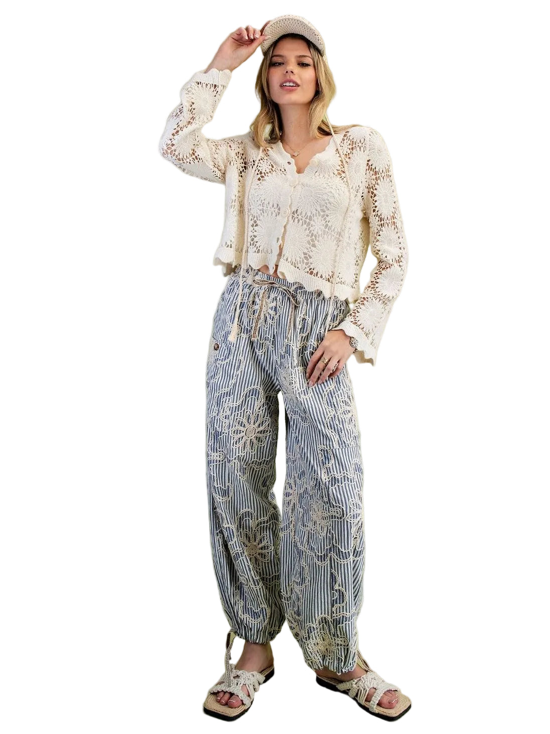  Pants&nbsp; Denim Blue Embroidered Floral Wide Leg 4 Pocket Sb60018DB