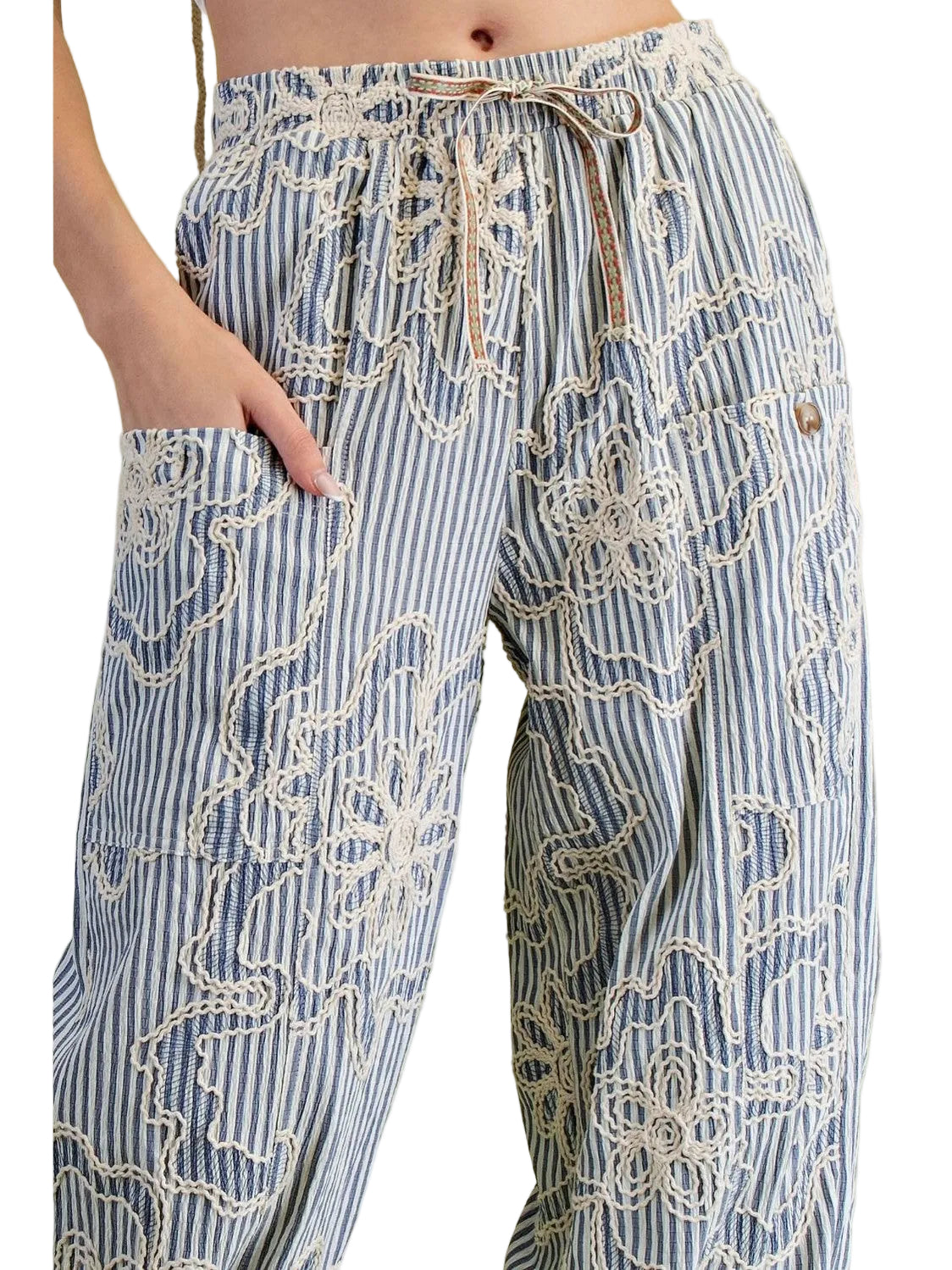  Pants&nbsp; Denim Blue Embroidered Floral Wide Leg 4 Pocket Sb60018DB