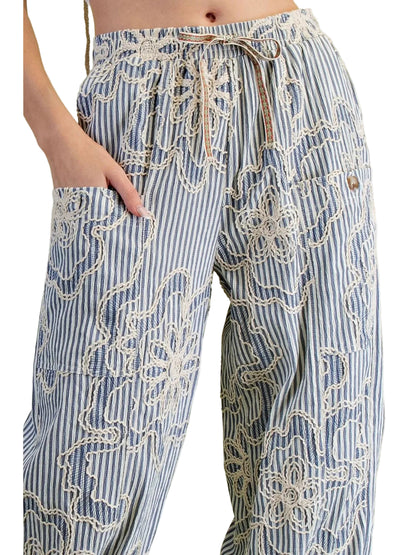  Pants&nbsp; Denim Blue Embroidered Floral Wide Leg 4 Pocket Sb60018DB